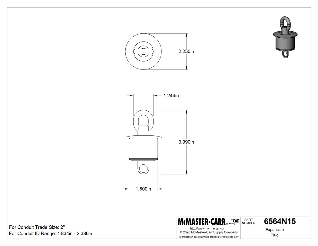 Technical Drawing of Expansion Plug, for Conduit Trade Size 2.